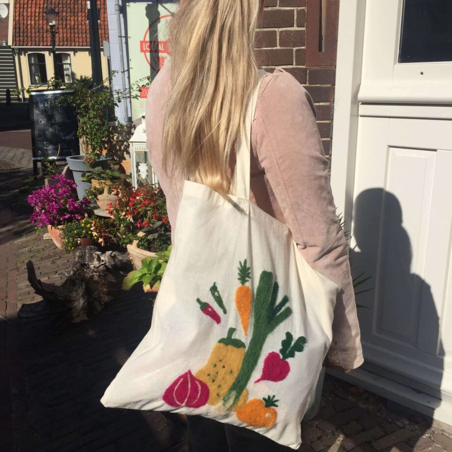 Felting by numbers vegetable bag with model