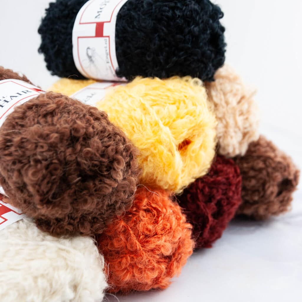 poppenhaar, poppengaren, mohair bouclé